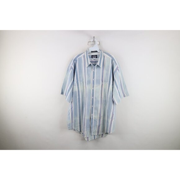 Vtg 90s Streetwear Mens L Faded Striped Color Block Short Sleeve Button Shirt - Picture 1 of 16